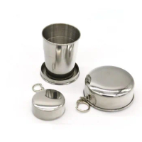 50pcs Folding Collapsible Cup With Keychain Stainless Steel Portable Outdoor Travel Camping Drinking Cup 75ml 150ml 250ml