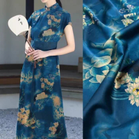 Elegant 25MM 93% Silk &amp; 7% Spandex Fabric for Dress Cheongsam - Floral Print Blue Silk Fabric- Wide 118CM D1254