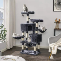 Multi story cat tree tower, large cat apartment furniture, pet game house, smoke gray cat tower