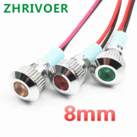 1pcs 8mm 6V 12V 24V 220v Flat head LED Metal Indicator light 8mm waterproof Signal lamp with wire red yellow blue green white