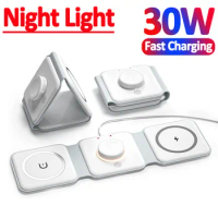 Foldable Light Magnetic Wireless Charger Stand Macsafe For iPhone 12 13 14 Pro Max Airpods Apple Watch 8 7 Fast Charging Station
