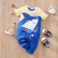 Summer newborn jumpsuit, baby blue cute shark stripes, pure cotton, comfortable and breathable, Korean style for boys and girls