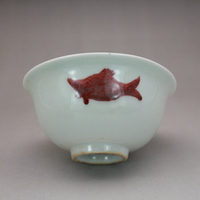 清康熙釉里紅手繪三魚紋斗笠碗 古玩古董陶瓷器仿古老貨收藏品