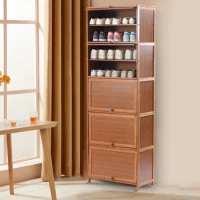 10 Tiers Tiered Storage Tall Bamboo Shoe Cabinet Brown Entryway Shoe Rack Floor Mounted with Novel Cabinet Door Easy to Assemble