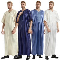Summer Short Sleeve lelaki jubah jalur klasik Muslim dewasa Abaya islam Jubba Thobe Eid Ramadan Satin Kaftan Ropa arab