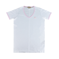 BURBERRY戰馬LOGO V領設計兩色滾邊純棉短袖T恤(女款/白)