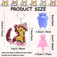 Hot30PCS Mochi Squeeze Toy Fip Sequin Cat Keychain for Kids 3in Squishy Cat Shaped Toys Cute Kawaii Mochi Cat Stress Relief Toys