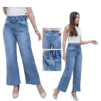 Celana kulot jeans highwaist celana panjang jeans highwaist kulot jeans pinggang karet warna medium 