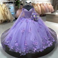 Lilac Beaded Pearls 3D Flowers Off The Shoulder Luxury Quinceanera Dress With Cape Ball Gown Charro Mexican Dress vestido de 15