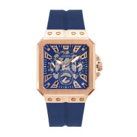 【GUESS】玫瑰金框 藍面 三眼日期顯示 鏤空方形錶盤 藍色矽膠錶帶 手錶 男錶 情人節(GW0637G3)