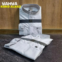 Koko Putih Alraz Model Yahya / Kemko Baju Kemeja Koko Alraz Katun Premium Lengan  Panjang Manset