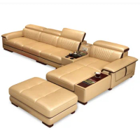 Italian Genuine Leather Sectional Sofa Set with Cup Holder, Adjustable Headrests &amp; Bluetooth Speaker Living Room Couch