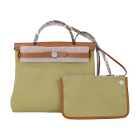 Hermes 愛馬仕 Herbag Zip Y刻 31cm手提/肩背兩用帆布包(/1C綠X棕/銀釦)