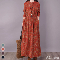 預購 ACheter 秋風葉小碎花恬靜棉麻長洋裝#107814(4色)