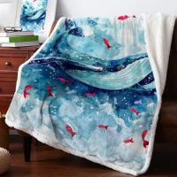 Blue Watercolor Whale Winter Warm Cashmere Blanket for Bed Wool Throw Blankets for Office Bedspread