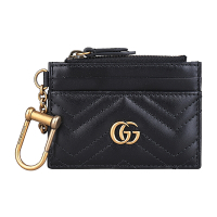 GUCCI 古馳  MARMONT雙G LOGO絎縫設計牛皮4卡拉鍊鑰匙圈零錢卡夾(黑)