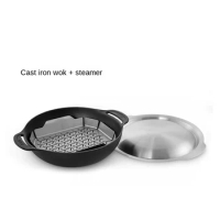 Thickened Cast Iron Pan Double-Ear Wok round Bottom Handmade a Cast Iron Pan Steamer BBQ Oven Accessories