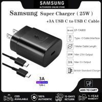 Samsung Super หัวชาร์จเร็ว อะแดปเตอร์ Original 25W อะแดปเตอร์เพื่อการเดินทาง EP-TA800 PD Wall Chargers | With 3A USB C To USB C สายชาร์จ | สำหรับ  Galaxy S20 S21 S22 Ultra Note 20 10+ A91 A90 A80 A71 A70 5G Samsung สีดำด้าน