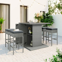 Patio 5-Piece Rattan Dining Table Set, PE Wicker Square Kitchen Table Set with Storage Shelf and 4 Padded Stools for Pool