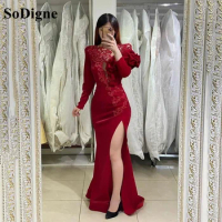 SoDigne Burgunudy Mermaid Evening Gowns saudi arabia Long Sleeves Evening Dress Lace Appliques Side Split Prom Party Gowns