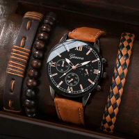 4pcs/set, Men's Brown PU Strap Casual Quartz Watch &amp; Bangle Set, Ideal choice for Gifts