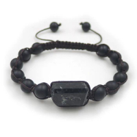 Black Tourmaline Point Frosted Agate Round Beaded Bracelet Hand-knitting Centipede Knot 6-8 Inches