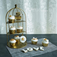碟子裝飾鳥籠擺件鐵藝半框鳥籠甜品臺道具婚慶蛋糕架復古金色冷餐架DF