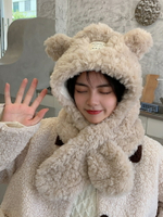 冬季韓版小熊帽子圍巾一體女生可愛保暖冬天毛絨圍脖套頭加厚ins