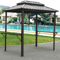Grill Gazebo 8' × 6', Aluminum BBQ Gazebo Outdoor Metal Frame with Shelves Serving Tables, Permanent Double Roof Hard top Gazebo