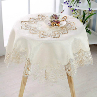 【JEN】歐式奢華蕾絲圓形餐桌巾防塵多功能蓋布直徑110cm亮黃色