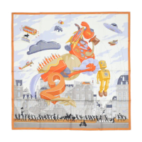 【Hermes 愛馬仕】Hermes Parade 90 手工捲邊斜紋真絲方巾(奶油/柳橙)