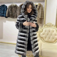 Real Fur Hooded Coat For Women Natural Rex Rabbit Fur Coat With Hood Women Chinchilla Fur Hoodie Best Selling Winter Coat Large