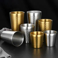 Double-Wall Beer Cups Stainless Steel Cold Water Drinks Cup Keep Cold Hammered Texture Anti-scalding Anti-fall Milk Mugs