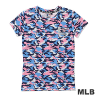 MLB-紐約洋基隊滿版迷彩圓領愛心燙銀印花T恤-深粉紅(女)