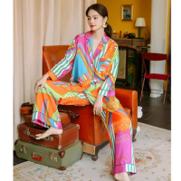 Luxury Women's Print Pajama Set 2 Pcs With Pant Ladies Spring Sleepwear Long Sleeve Oversize Turn Down Collar Pijama For Female