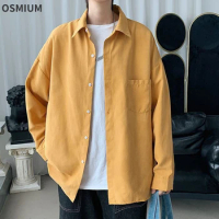 Autumn Long Sleeve Button Up Shirt Men Korean Style Yellow Pink White Solid Color Boys Shirt Loose Thin Basic Shirts Plus Size
