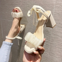 配裙子涼鞋新款女夏季網紅珍珠一字帶仙女風粗跟羅馬高跟鞋