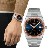 TISSOT 天梭 官方授權 PRX系列 18K金 70年代復刻機械錶 送禮推薦-藍/40mm T9314074104100