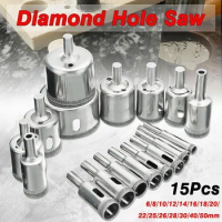 15pcs/set 6mm-50mm Diamond Coated Hole Saw Drill Bit Cutter Core Shaft Tool Kit for Ceramic Porcelain Glass Marble