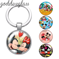 Disney Mickey Minnie Love and Friends Donald Daisy glass cabochon keychain Bag Car key chain Ring Holder Charms keychains gift