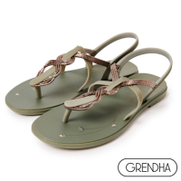 (夏日休閒推薦鞋)Grendha 克拉底鎏金平底涼鞋-橄欖/銅金