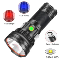Ultra Bright LED Flashlight SST40 Lamp Bead With COB Side Light Waterproof For Camping Huting USB Torch 5000M Tactical Light