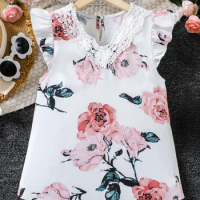 Girls summer fashion novel hollow print lace V-neck pleated lace sleeves loose casual comfortable shirt top