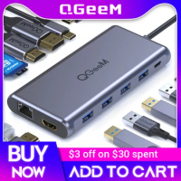 QGeeM Dual 4K DP HDMI USB C Hub for Macbook Pro Triple Display Type C Hub to Micro SD Card Readers RJ45 PD USB3.0 Hub Adapter