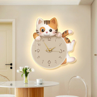 可愛貓咪餐廳裝飾畫餐桌掛鐘氛圍感發光畫客廳墻掛畫創意時鐘壁燈
