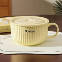 全城熱賣 - 忌廉風陶瓷泡麪碗家用帶蓋保鮮飯碗可微波爐學生手柄碗上班便當盒（奶黃色）6英寸泡麪碗+保鮮蓋 （可下大面餅）