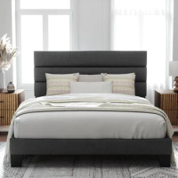 Queen Size Platform Bed Frame with Fabric Upholstered Headboard and Wooden Slats Support, Fully Upholstered Mattress Foundation