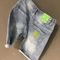 Seluar Pendek Denim, untuk Lelaki, Cetakan Jenama Bergaya, Slim Fit, Potongan Lurus, Nipis, Gaya Kor