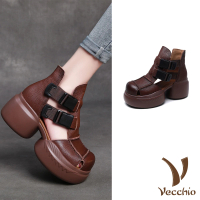 預購 Vecchio 真皮涼鞋 厚底涼鞋/真皮頭層牛皮帥氣釦帶編織厚底羅馬涼鞋(棕)