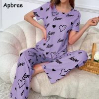 Spring Summer Women Pajamas Heart Printing Pijamas Soft Milk Silk Sleepwear Women Short Sleeves Long Pants Pajama for Girl